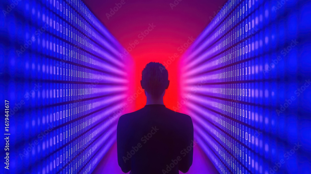 Poster silhouette of a person surrounded by digital binary code in a futuristic space with colorful lightin