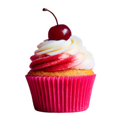 Delicious baked pink birthday cupcakes with red cherries and cream frosting isolated on transparent background