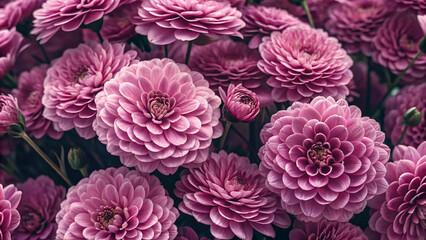 Vibrant display of pink ranunculus and dahlia flowers with visible stems, creating a lush garden-like composition in soft lighting.