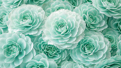 Dreamy arrangement of mint green and seafoam colored ranunculus flowers with delicate layered petals in pale aqua tones.