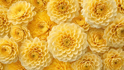 Warm golden yellow dahlia and ranunculus flowers arranged densely, creating a cheerful sunburst effect in bright amber tones.