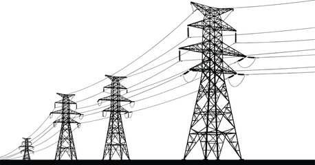 High voltage electricity pylons, power transmission towers, energy lines vector, black silhouette, electric infrastructure, utility cables, industrial grid, landscape view