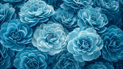 Deep blue and teal colored carnations with ruffled edges forming an elegant cool-toned floral composition in oceanic hues.