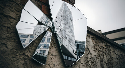 A shattered mirror on a weathered urban wall, creating a fractured reflection of a modern architectural building.