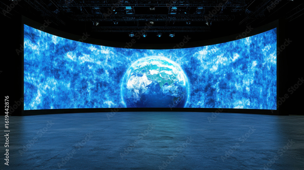 Poster futuristic display of earth surrounded by digital cosmic elements in a high-tech environment with bl