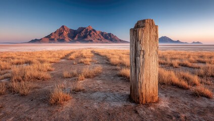 Sunrise over a salt flat, weathered wood post