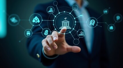 Businessman s finger touching a glowing digital network of government and legal icons representing online services
