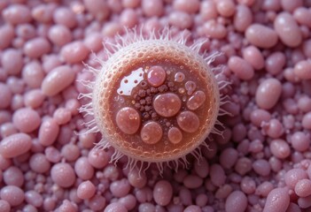 Pink sphere with protruding tendrils and liquid surface surrounded by small pink objects