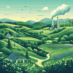 Naklejka premium A lush green vector landscape with farms, wind turbines, solar panels, and a smoking power plant, representing the transition from traditional to renewable energy