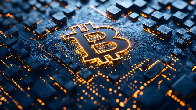 Futuristic bitcoin cryptocurrency symbol on a circuit board network background