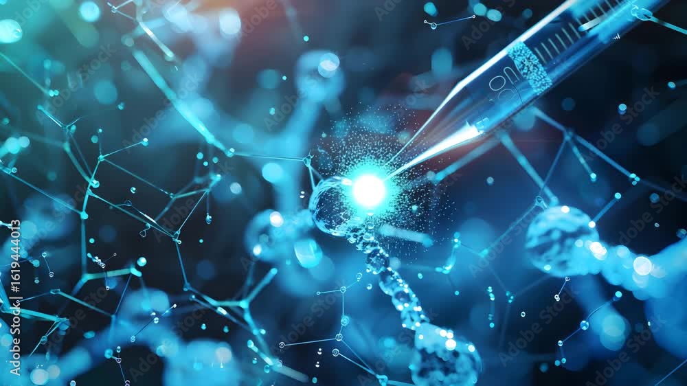 Poster futuristic biotechnology concept showing a syringe injecting a glowing substance into a digital dna 