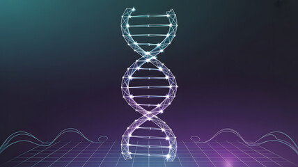 Abstract glowing dna helix structure with scientific data waves in a futuristic digital science background