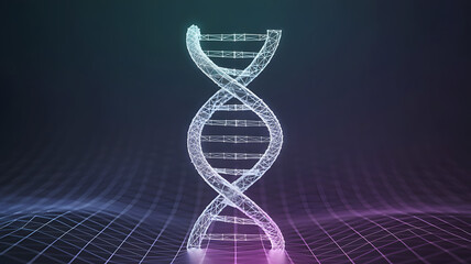 Abstract glowing digital dna helix structure with futuristic scientific technology background and data grid