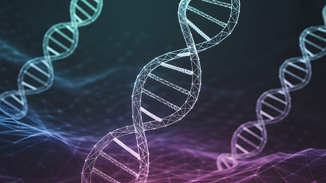 Three glowing translucent dna double helix strands with abstract light effects on a dark background