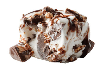 Indulgent rocky road ice cream scoop packed with fluffy marshmallow pockets and crunchy roasted almond pieces, isolated on crystal-clear transparent PNG background for effortless cut-out use
