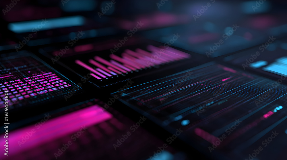 Poster futuristic interface showing data analysis and visualization in cyber environment