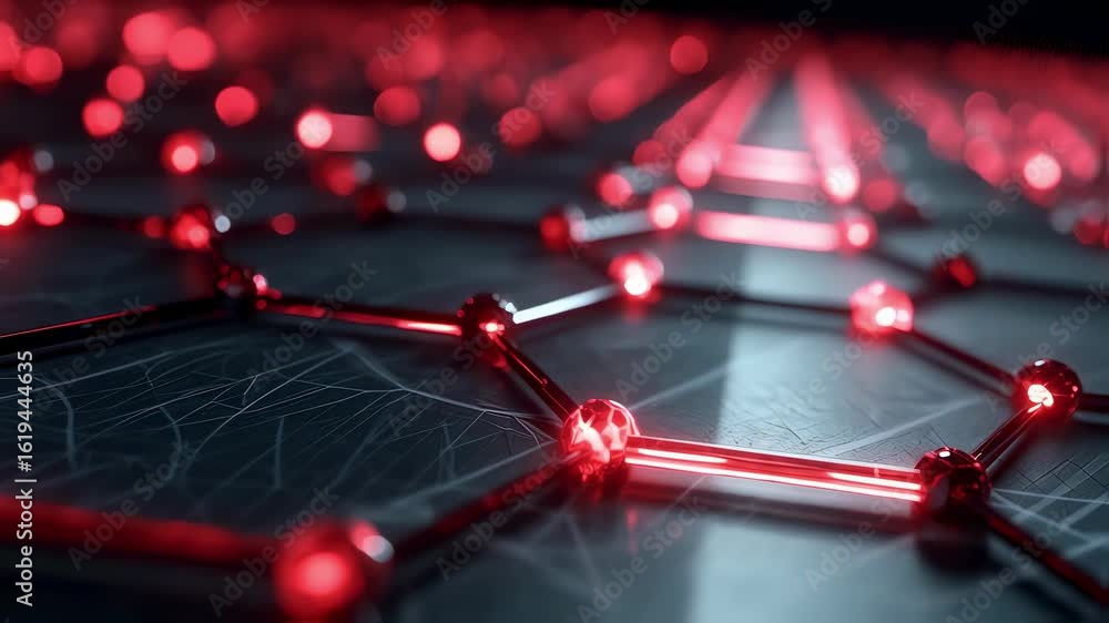 Poster complex network nodes glowing red, interconnected and forming a network, symbolizing data flow, inno