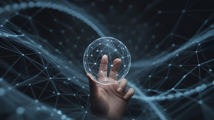 Human hand touching a glowing digital sphere with interconnected nodes and flowing data streams