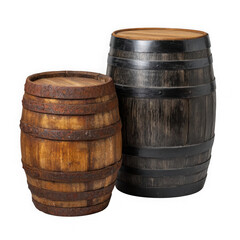 Obraz premium Two weathered wooden barrels one smaller and rustic the other larger and dark isolated on transparent background