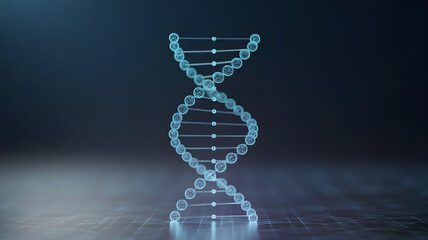 Illuminated translucent blue dna double helix structure glowing against a dark moody background with light reflections