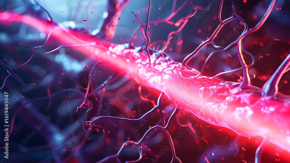 Poster microscopic view of a glowing red energy pulse transmitting through a complex neural network system