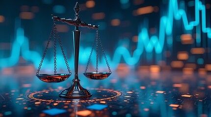 Symbol of justice and financial growth scales with futuristic blue digital data graph background