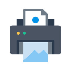 Modern printer illustration printing document with mountain landscape graphics