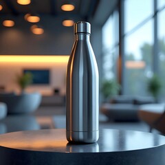 Modern Brushed Steel Water Bottle on Sleek Dark Table, Warm Ambient Lighting, Minimalist Interior Design, Clean and Sophisticated Aesthetic, Product Mockup.