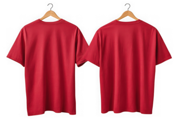 Two red t shirts hanging on wooden hangers isolated on transparent background