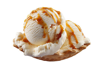 Close-up of velvety salted caramel ice cream scoop glistening with sea salt crystals atop creamy swirl, isolated on a transparent PNG background for effortless cutout use in dessert packaging