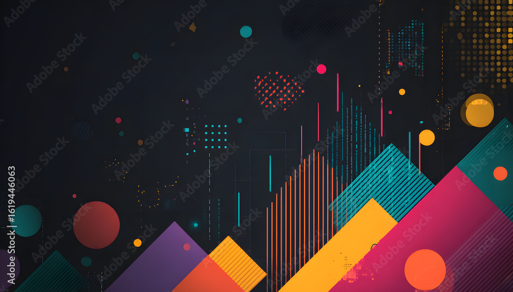Poster abstract data visualization with vibrant geometric shapes, symbolizing business analytics on a dark 