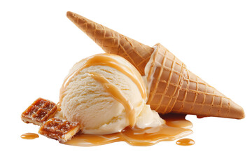Close-up of velvety salted caramel ice cream scoop glistening with sea salt crystals atop creamy swirl, isolated on a transparent PNG background for effortless cutout use in dessert packaging