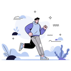 Young man in a hoodie jogging in a stylized park. Modern vector illustration of active lifestyle.