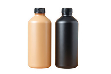 Two tall matte finish beverage bottles one light brown and one black isolated on transparent background