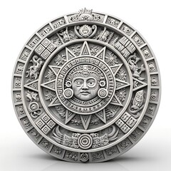 A detailed stone carving of the Aztec calendar, featuring intricate designs and symbols. The circular structure showcases a central face surrounded by various motifs.