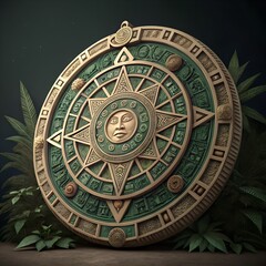 Fototapeta premium A detailed Aztec calendar stone with intricate carvings and a sun motif, surrounded by lush green foliage. The stone features various symbols and patterns.