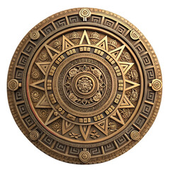 A detailed golden Aztec calendar with intricate patterns and symbols. The design features geometric shapes and circular motifs, representing ancient Mesoamerican culture.