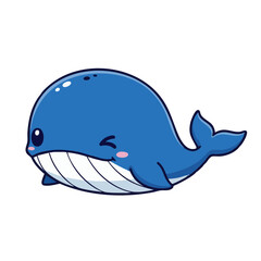 Fototapeta premium Adorable winking blue whale cartoon character. Cute kawaii marine mammal vector illustration isolated on white background.