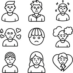 Diverse Line Art Icons: Sad, Stressed, Anxious, and Depressed Expressions.