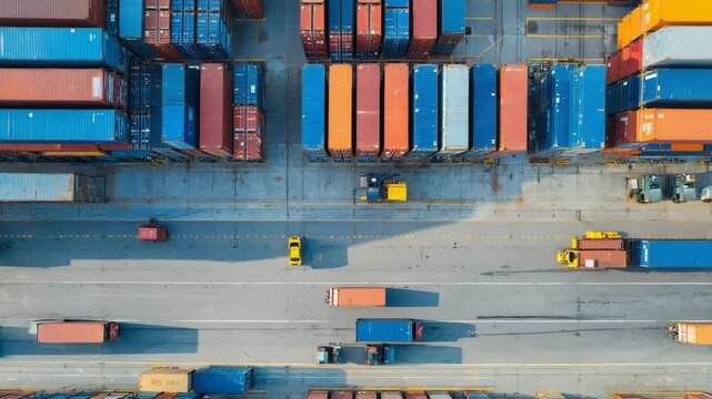 High-angle aerial view of a massive container ship docked at a busy industrial port, surrounded by colorful shipping containers, cranes, and blue water, captured in bright sunlight, 4K