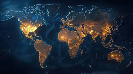 Glowing world map with illuminated cities global technology data internet communication and international connection background