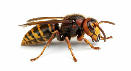 A simple yet striking image of a Japanese hornet stretching out its legs, a common motion in its natural behavior, perfectly framed on a white background.