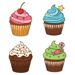 Four Deliciously Decorated Cupcakes Cartoon Illustration