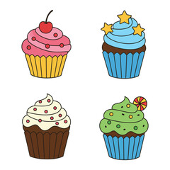 Four Colorful Cartoon Cupcakes Sweet Treats Bakery