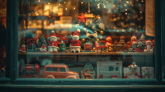 Festive christmas toy shop window display with santa and vintage toys