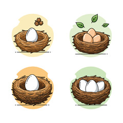 Four Bird Nests with Eggs Illustration Set