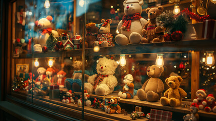 Cozy christmas toy store window display with teddy bears and festive lights