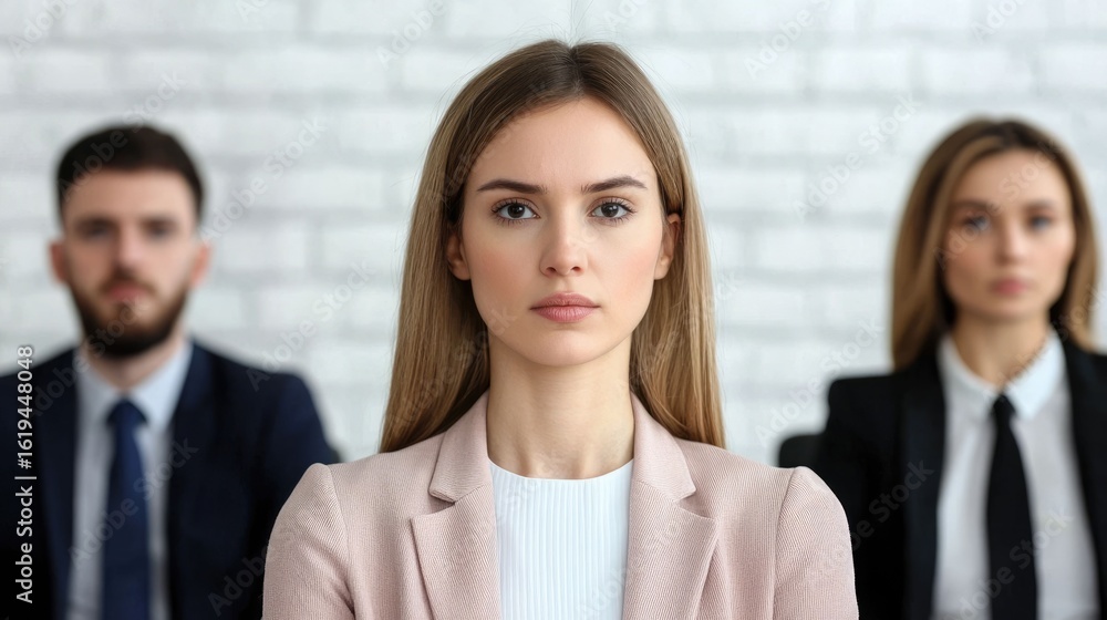 Poster tense and uncomfortable workplace meeting with apprehensive body language and uncertain expressions 