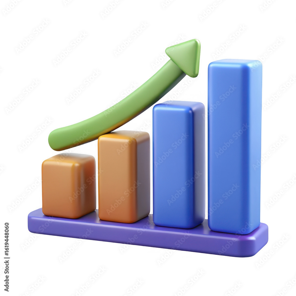 Poster 3d bar chart with upward arrow isolated on transparent background