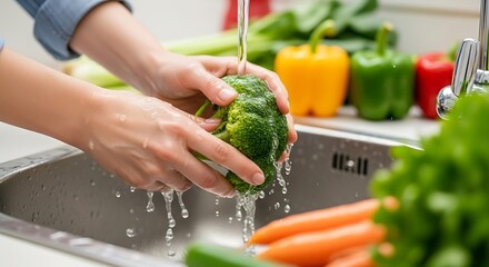 Close-up of washing fresh broccoli in kitchen sink with colorful vegetables